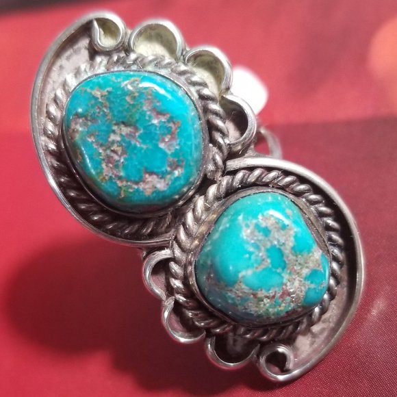 Antique Navajo Ring Size 7 Sterling Turquoise - Picture 2 of 10